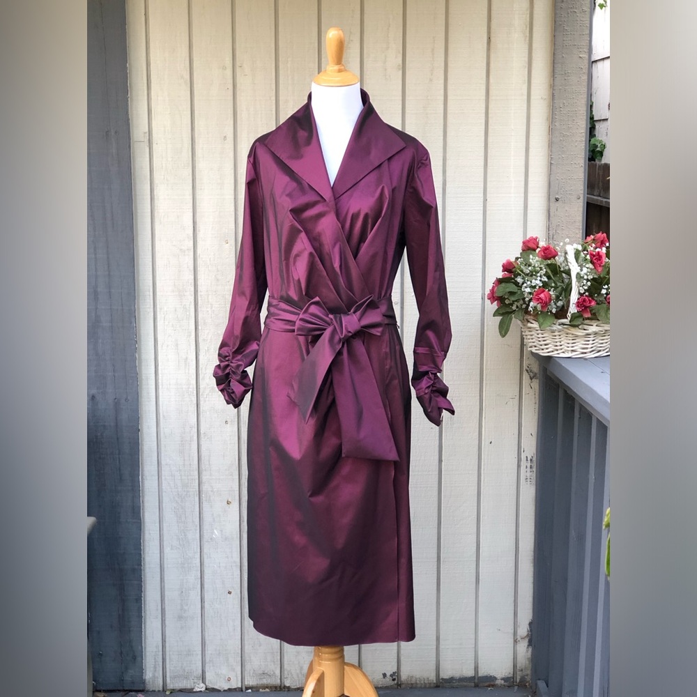 Tadashi Shoji Taffeta Shimmer Ruched Sleeves Belted Plum Purple Dress Coat 14